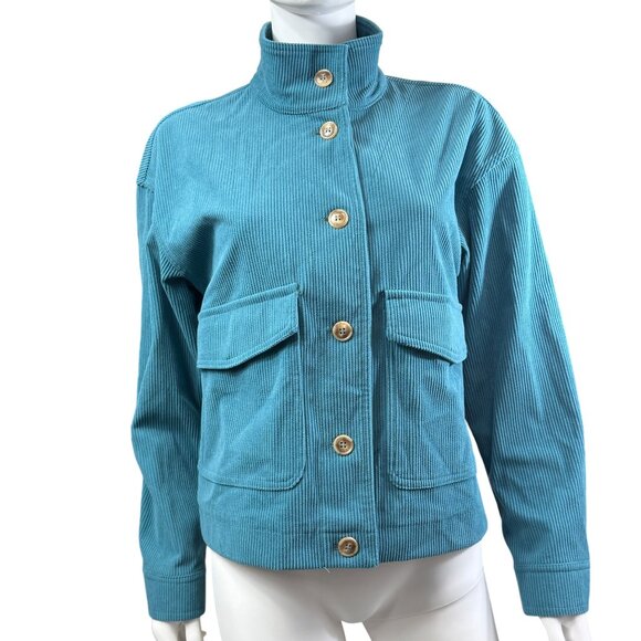 Avec Les Filles Womens Corduroy Jacket High Neck Snap Button Teal Small - Picture 1 of 6